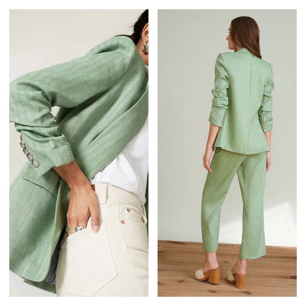 VERONICA BEARD Sage Green Beacon Herringbone Linen Dickey Blazer Size 8 - Picture 3 of 12